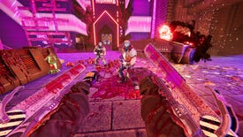 The player confronts two goons with chainsaws strapped to each arm in Turbo Overkill