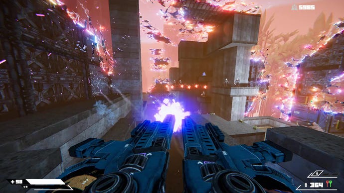 Johnny Turbo spray dual uzis at enemies in an arena that's constructed by rogue AI Syn.
