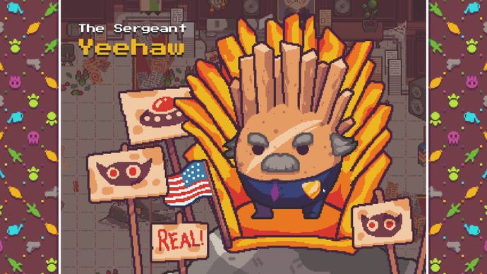 The Sergeant Yeehaw, a boss fight in Turnip Boy Robs A Bank. He's a potato with spikey fries-like hair and a grey moustache