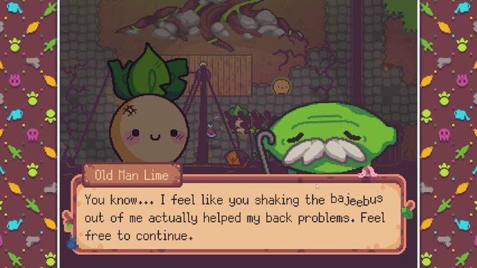 Turnip Boy talks to an elderly lime in Turnip Boy Robs A Bank. The lime is thanking Turnip Boy for shaking him