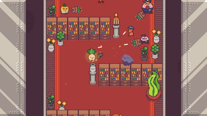 A small turnip runs through a bank firing a gun at other veggies in Turnip Boy Robs A Bank