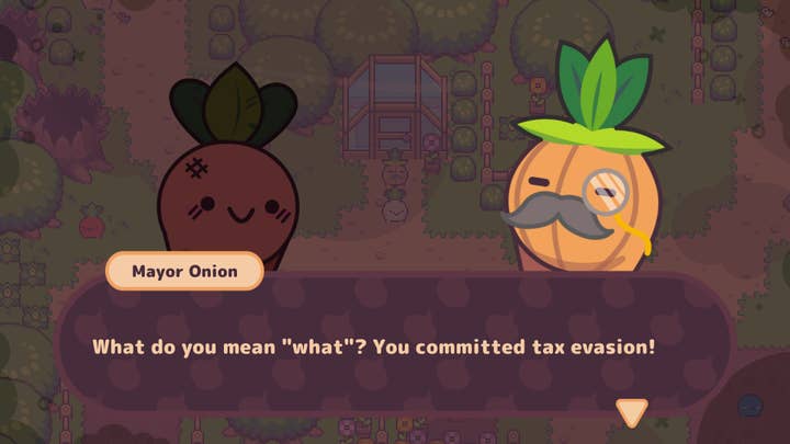 Turnip Boy Commits Tax Evasion screen showing Mayor Onion saying, "What do you mean, 'what'? You committed tax evasion!"