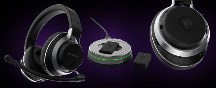 A headset and charging stand from Turtle Beach, along with a close-up view of the headset's controls