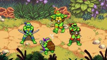 The retro-inspired Teenage Mutant Ninja Turtles: Shredder's Revenge. We see the four brightly coloured turtles together in a forested area, all pulling iconic poses.