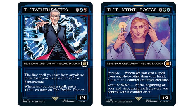 Twelfth and Thirteenth Doctor cards from the Magic: The Gathering x Doctor Who set.