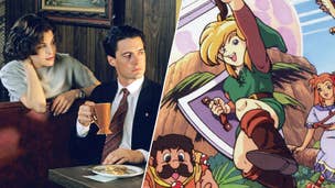 Agent Dale Cooper is sat drinking a cup of coffee in a diner booth as Audrey sits behind him. Link is jumping with his sword in the air in some 2D key art from Link's Awakening.