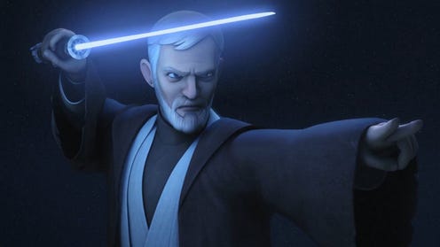 Still from Star Wars: Rebels, of an older Obi-Wan, wielding a lightsaber