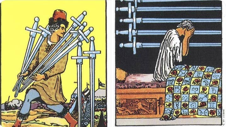 Side-by-side images of tarot cards. In the first, a man kneels with armfuls of swords. In the second, the man sits up in bed with his hands covering his face, the wall behind him covered with a display of swords