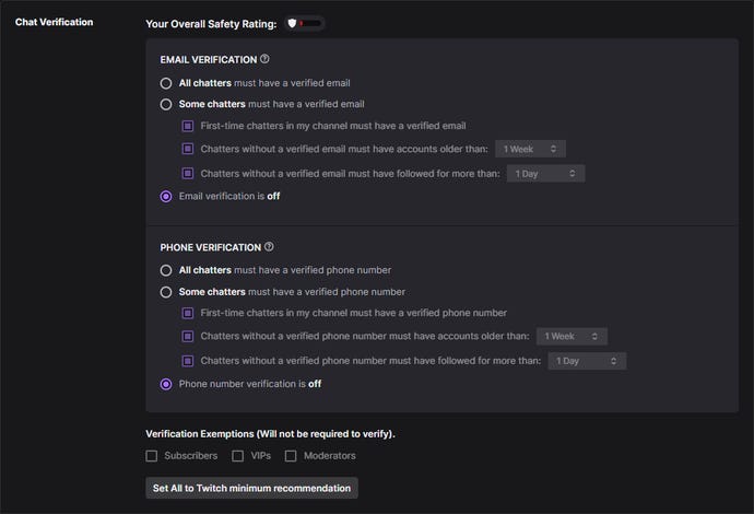 A screenshot of Twitch's new chat verification options.