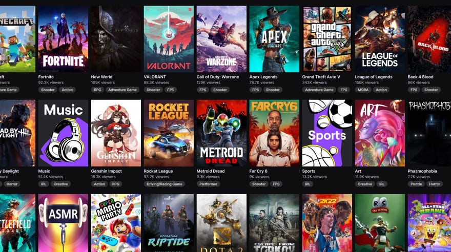 Twitch's homepage in October 2021, showing top game categories currently being streamed to beginning with Minecraft, Fortnite, New World, and more