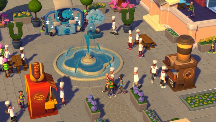 A bustling campus in a Two Point campus screenshot.