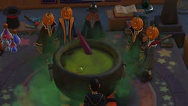 Students with pumpkin heads stand around a cauldron in Two Point Campus.