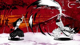 A screenshot of Two Strikes, showing two black and white line art fighters clashing swords in front of a painted red backdrop featuring Mt. Fuji.