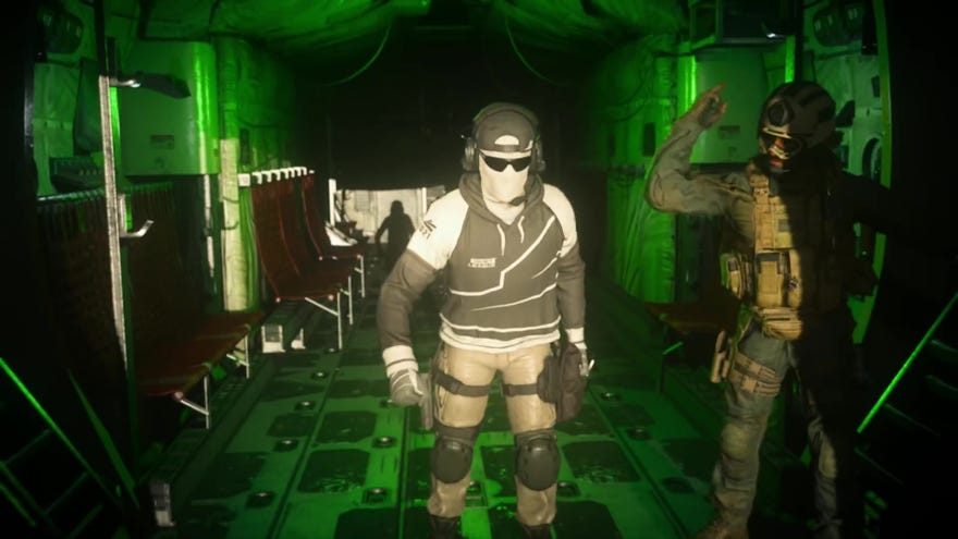 An operator wearing a Call Of Duty League skin prepares to jump out of the plane in Warzone.