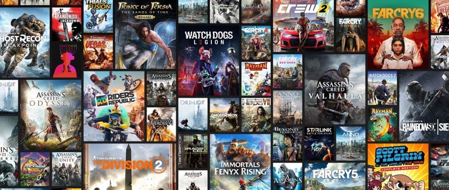 a graphic of ubisoft plus, the company's game subscription service, showing the games available