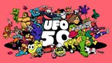 Promotional artwork for UFO 50 showing various fictional 8-bit mascot characters posing around the game's logo.