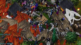 A mess of player characters surround a figure on a podium in Ultima Online