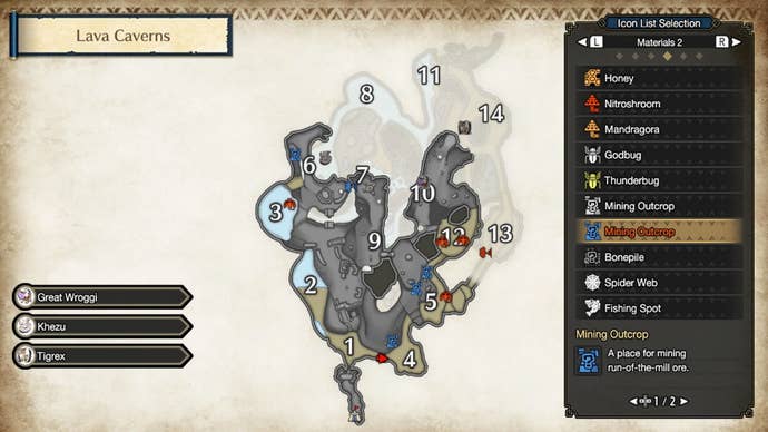 Mining outcrops in Monster Hunter Rise's lava caverns map