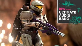 A player in Halo Infinite multiplayer running from an explosion while holding a gun in their hands, with the Ultimate Audio Bang podcast logo in the top right