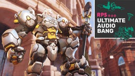 Overwatch 2's Reinhardt standing proud with a leg on his hammer, and the Ultimate Audio Bang podcast logo is in the top right