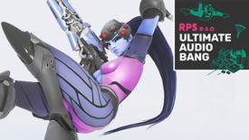 Widowmaker from Overwatch laying down in a white void, with the Ultimate Audio Bang podcast logo in the top right