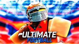 A Roblox character dressed as an American footballer approaches the viewer holding a football.