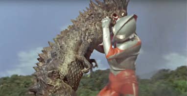 Still image from original Ultraman show featuring Ultraman fighting a kaiju