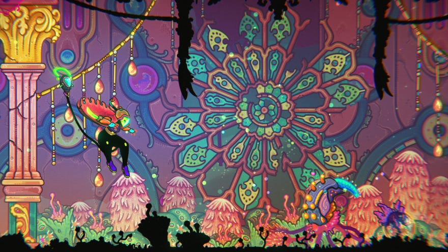 A screenshot from Ultros, which shows Ouiji leaping towards an alien snail in a psychedelic world.