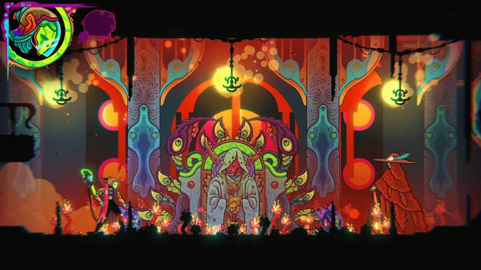 A trippy backdrop for Ultros; all bright colours, organic shapes, and flowing lines.