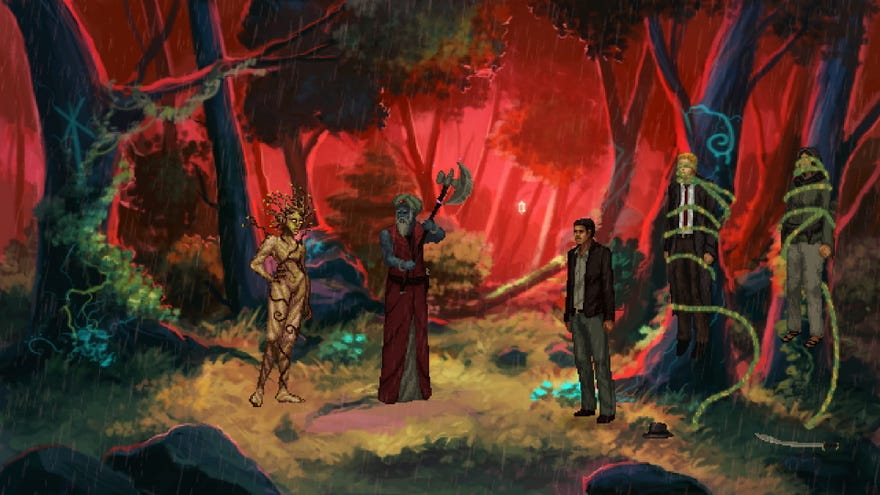 A forest scene with a red background in Unavowed
