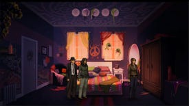 Some of the supernatural detective team in Unavowed investigating a bedroom