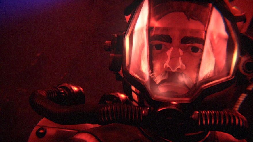 A deep sea diver wearing a diving suit basks in a red light in Under The Waves