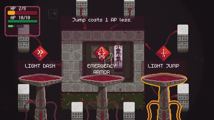 A choice-room in Undergrave, where you can modify abilities or heal up. Three pedestals of pooled blood represent the choices, and show zoomed in on the screen.