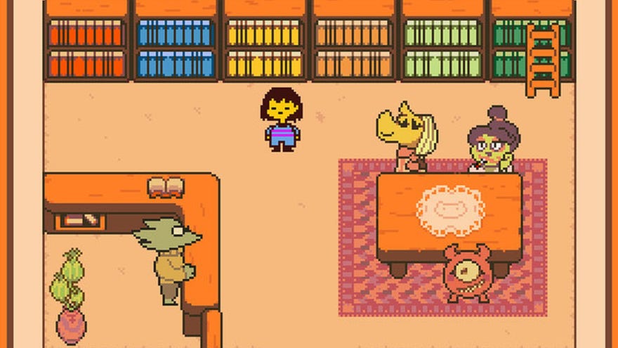 A girl, rhino and a woman stand in a library in Undertale