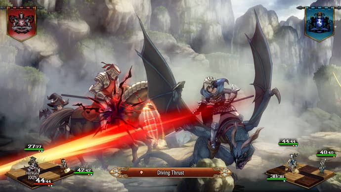 Unicorn Overlord battle scene: A heavily armored shield knight fights in the dust of a mountain pass against troops riding wyverns.