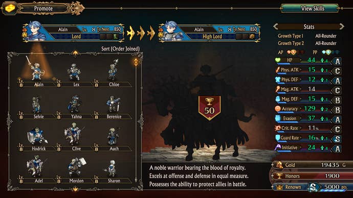 The upgrade unit screen in Unicorn Overlord is cluttered with statistics, information, and points.