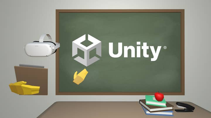 A Unity logo on a chalkboard in a low-fidelity 3D rendering of a classroom with an Oculus Quest headset and polygonal hands serving as the 