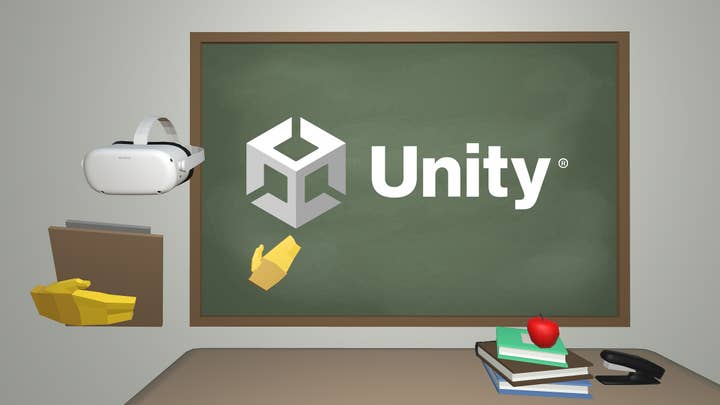 A Unity logo on a chalkboard in a low-fidelity 3D rendering of a classroom with an Oculus Quest headset and polygonal hands serving as the