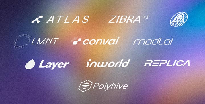 An assortment of logos for Unity's AI asset store partners on a colorful background. The partners include Atlas, Zibra.AI, Lmnt, Convai, Modl.ai, Layer, Inworld, Replica, and Polyhive