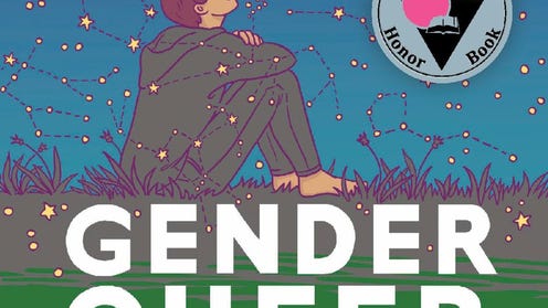 Cropped image of Gender Queer deluxe edition cover, showing seated figure on grass, smiling with closed eyes, image is overlayed by a constellation motif