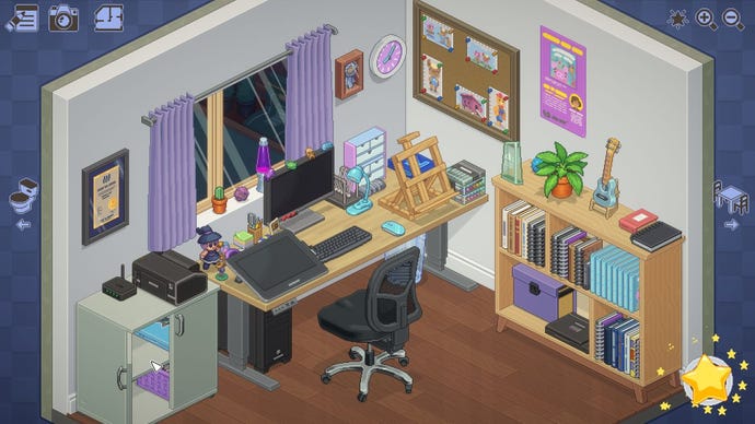 Une coupe isométrique d'un bureau d'artiste dans le jeu Unpacking, avec une tablette à dessin et un ordinateur sophistiqués ainsi que de nombreux jouets de bureau mignons.