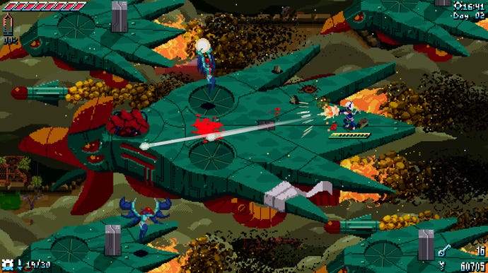 A warrior fights a giant mechanical bird in Unsighted