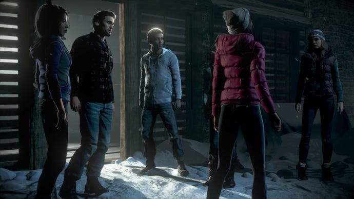In Until Dawn versammelt sich eine Gruppe von Charakteren im Schnee
