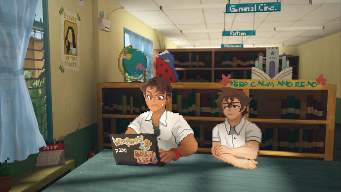 Zwei Jungen sitzen in Until Then vor einem Laptop in der Schulbibliothek