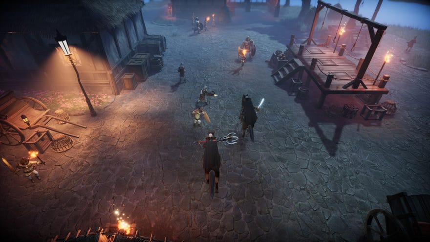 Två spelare i V Rising Ride på hästryggen genom en by av människor som attackerar dem i synen