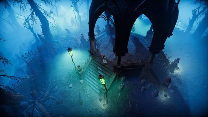 A mace-wielding vampire in V Rising explores the Forgotten Cemetary in the centre of the Farbane Woods.