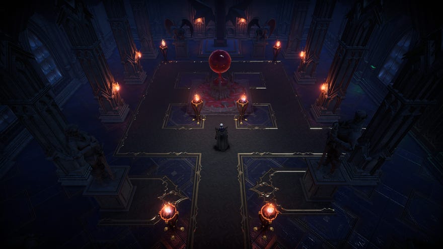 A late-game player in V Rising surveys the Castle Heart deep inside their castle.