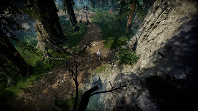 The player in V Rising faces off against a giant Treant enemy in the woods.