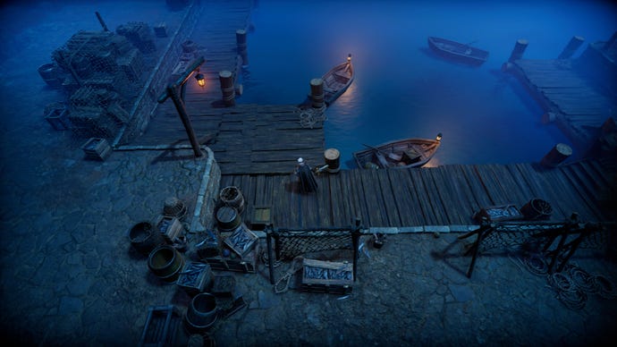 The player in V Rising explores a dockyard at night.