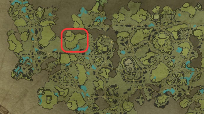 Part of the map of V Rising, with the location of a great base building spot highlighted in the west of the Farbane Woods.